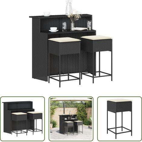 Gartenmöbel - 3-tlg. Gartenbar-Set mit Kissen Schwarz Poly Rattan (1/5)