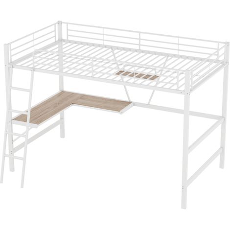 Cama alta 90x200 cm de metal blanco con escritorio en L y estantería (1/5)