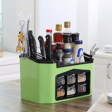 Organisateur de cuisine en plastique, étagère de rangement pour couteaux, fourchettes et cuillères, pot à épices (vert) (1/5)