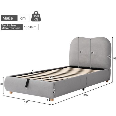 Lit pour enfant 90x200cm, sommier hydraulique fonctionnel avec tête de lit rembourrée en lin gris, grand espace de rangement intégré, literie complète avec sommier et tête de lit. (1/5)