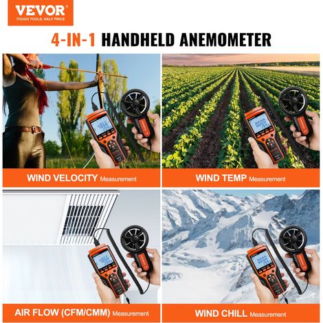 Anémomètre Portable -10℃ à 60℃ Mesureur Numérique Vitesse du Vent CFM, Mesure Température du Vent, Flux d'Air, Refroidissement Éolien avec Écran Rétroéclairé LED pour Voile Surf Drone Vol CVC (1/5)