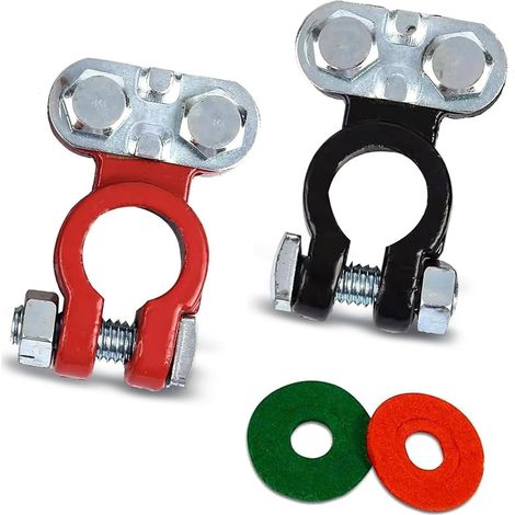 Set di 2 morsetti di alimentazione per auto con 2 rondelle in feltro, polo positivo rosso e polo negativo nero, realizzati in rame puro, universali per accessori auto (argento) (1/5)