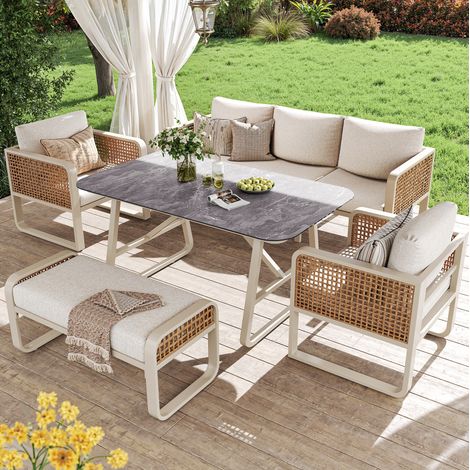 Fünfteiliges Gartenlounge-Set aus PE-Rattan und Metall in Beige, modular, mit Tisch, waschbaren Kissen und verstellbaren Füßen (1/5)