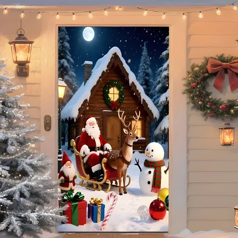 Nouveaux rideaux de porte de Noël, décorations festives, drapeaux, fanions d'extérieur - 90 x 200 cm (élastique) - 7