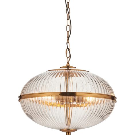Endon Somerset Plafonnier suspendu sphérique finition laiton vintage et verre strié transparent 3x E14