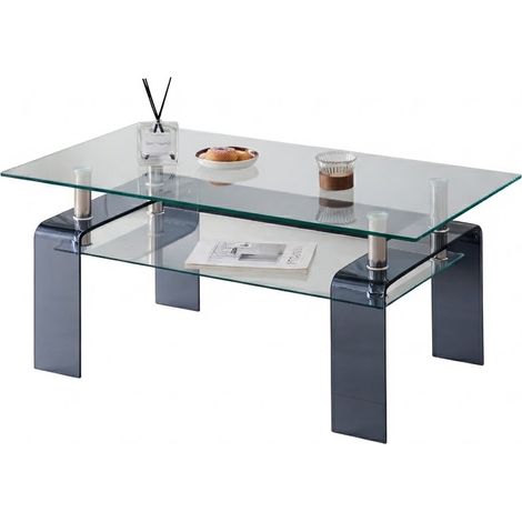 ELVMI Tavolino da Salotto a Due Livelli in Vetro Temperato con Gambe Grigie per Soggiorno, Trasparente, 100 x 55 x 45 cm (1/5)