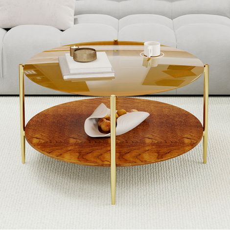 Mesa de centro redonda (82x82x45 cm), sobre de vidrio templado dorado, base de madera, estructura de hierro, dorado (1/5)