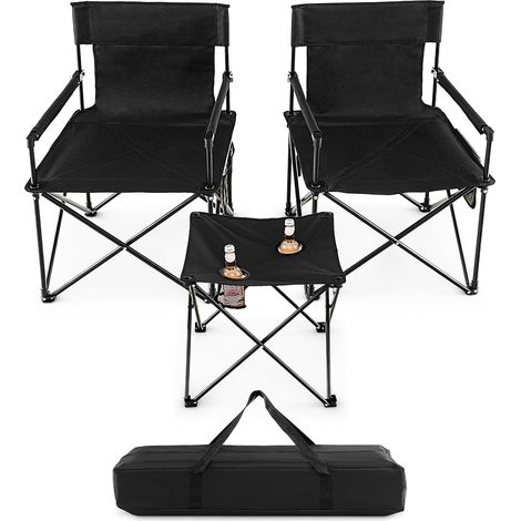 COSTWAY Juego de Sillas Camping Plegable y Mesa, 2 Sillas Camping Portátil y Mesa Auxiliar con 2 Portavasos, Bolsa de Transporte, Pesca, Picnic, Barbacoa, Negro (1/5)
