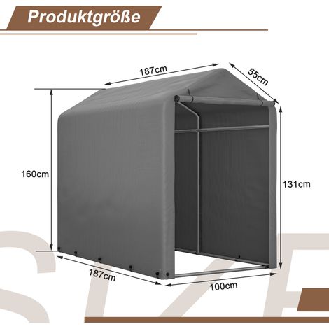 Abri vélo 187x100x160 cm – Garage pliable pour vélo et moto, rangement extérieur pour outils de jardin et tondeuse, housse imperméable avec porte zip, gris foncé – Structure acier galvanisé, montage f