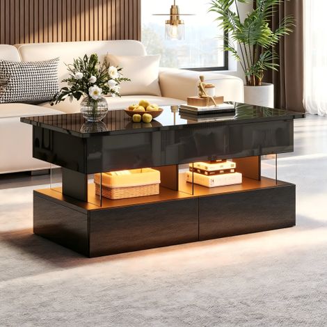 Table Basse Relevable LED 100x50x46 cm avec 2 Tiroirs, Rangement Caché et Ouvert, MDF et Acrylique, Noir (1/5)