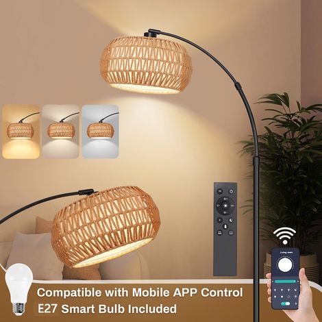 ROSNEK Bogenlampe Wohnzimmer 12W Rattan Stehlampe dimmbar 150-180 cm App Fernbedienung Fußschalter Schwarz (1/5)