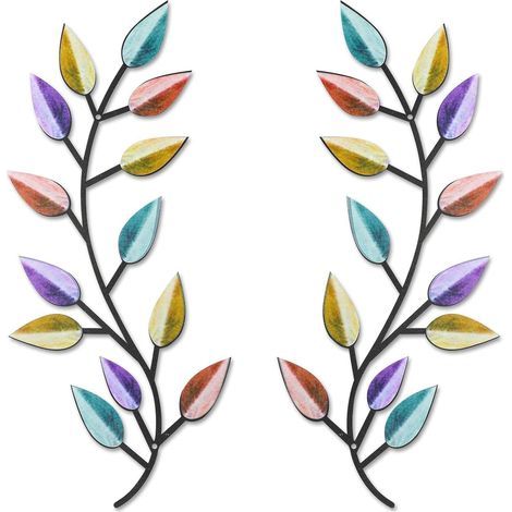 Decorazione murale in metallo a forma di foglie d'albero, 2 pezzi, ornamento da parete con motivo di tralci di vite e rami d'ulivo, scultura da appendere alla parete (colorata) (1/5)