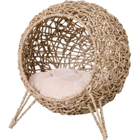 Cama Cueva Ratán Chats Mascotas Pequeña Base Tripode Cojín Felpa Algodón Design Elevado Estable Φ52x58 cm (1/5)