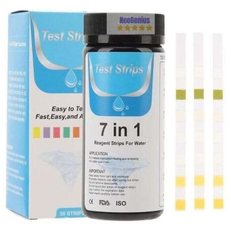 Bandelettes de test 7 en 1 pour aquarium : pH, nitrites, nitrates, dureté totale, chlore libre, alcalinité, carbonates  conviennent à l’eau de mer et à l’eau douce (100 bandelettes par paquet). (1/4)