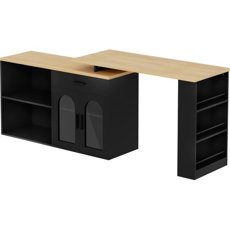 Isla de cocina giratoria 360° con armario, cajón y estantes, MDF negro y madera, 136 x 50 x 78 cm (1/5)