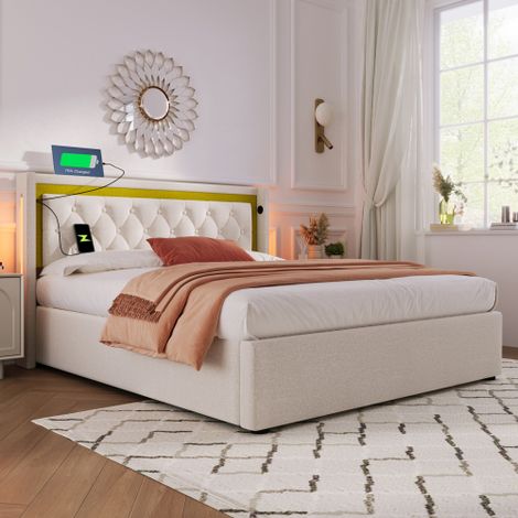 Polsterbett LED Doppelbett Stauraum Bettkasten mit USB Typ C Ladefunktion Kopfteil,Stauraumbetten Bettgestell aus Baumwolle Jugendbett(Ohne Matratze)