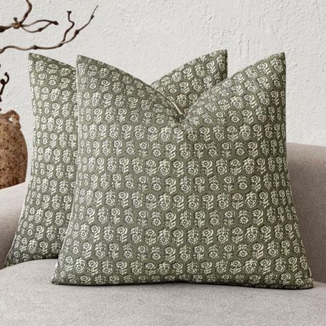 Coussins décoratifs verts imprimés, 45 cm x 45 cm, 2 taies d'oreiller, pour salon, canapé, chambre, chevet, baie vitrée. (1/5)