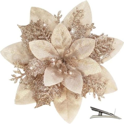 Fleurs de Noël Artificielles - 20 Pièces - Champagne - Avec Clip - Décoration Sapin (1/4)