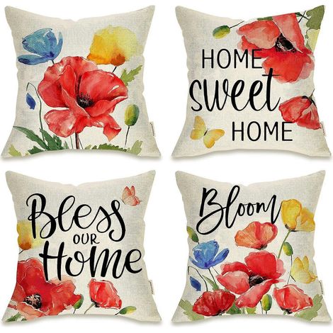 Housse de coussin décorative à fleurs printanières 45 x 45 cm, lot de 4. Taie d'oreiller d'extérieur « Que notre foyer soit béni » pour porche, terrasse ou jardin. Coussin décoratif « Été fleuri » pou (1/5)