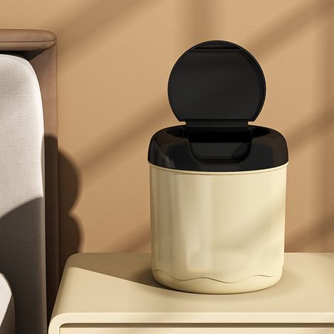Poubelle de bureau couleur crème avec couvercle, multifonctionnelle, de capacité moyenne, pratique, mini-poubelle en plastique pour la maison, le bureau, la cuisine et la chambre. (1/5)