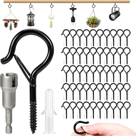 50 Black Screw Hooks Screw Hooks with Locking System for Plant Baskets, Bird Houses, Wind Chimes and String Lights (1/5)