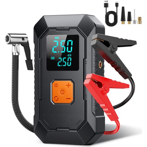 Démarreur portable pour voiture avec pompe à air, 12 V, gonfleur de pneus 150 PSI pour voitures et vélos, avec lampe LED, pince intelligente 10 000 mAh + sac de rangement en EVA (1/5)
