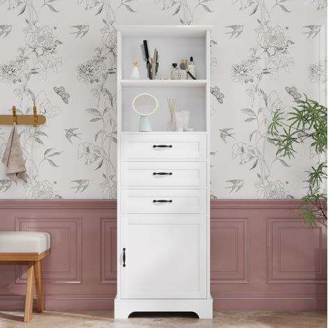 Mueble de baño blanco de MDF 56 x 25,6 x 167 cm con 3 cajones y estantes (1/5)