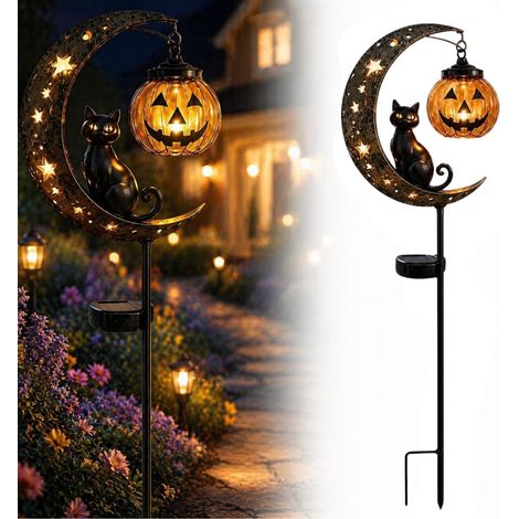 Decoración de Halloween con energía solar: gato negro sobre una luna creciente, con una calabaza colgante. Juego de 2 unidades. Resistente al agua. Ideal para decorar el jardín o la entrada de la casa (1/5)