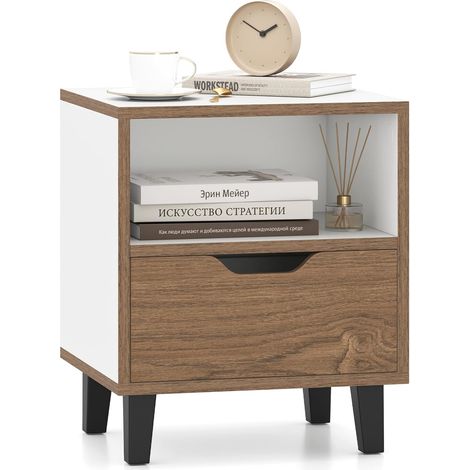 COSTWAY Comodino 37 x 33 x 44 cm, Tavolino da Letto con Cassetto, Scomparto Aperto e Gambe in Metallo, Mobile Laterale per Camera da Letto, Salotto e Soggiorno, Naturale e Bianco (1) (1/5)