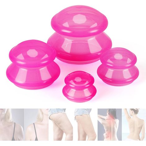 Lot de 4 ventouses anti-cellulite - Set de massage par ventouses en silicone rose - Ventouses de drainage pour visage, bras et jambes - Kit de ventouses à vide à domicile - Soulagement des douleurs mu (1/5)
