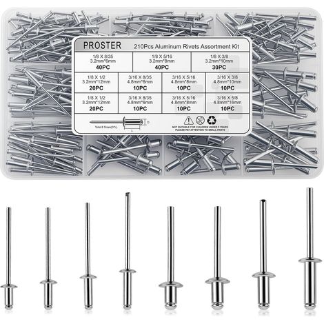 Aluminium Blind Rivet Kit 210 Pieces – Multi-Size Pop Rivet Kit 3.2/4.8 mm with Double Lock Box, Metal Wood Plastic Fastening – for DIY, Workshop, Home Repairs (1/5)