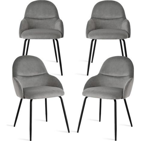 Lot de 4 chaises de salle à manger avec accoudoirs, velours gris clair (1/5)