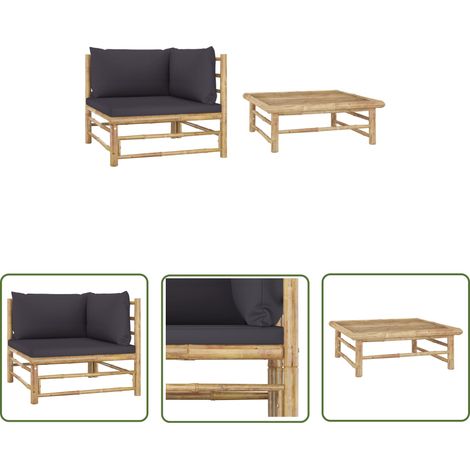 The Living Store Salon de jardin 2 pcs avec coussins gris foncé Bambou - Salon De Jardin - Mobilier De Jardin - Ensemble De Salon - Meubles De Jardin - Bambou (1/5)