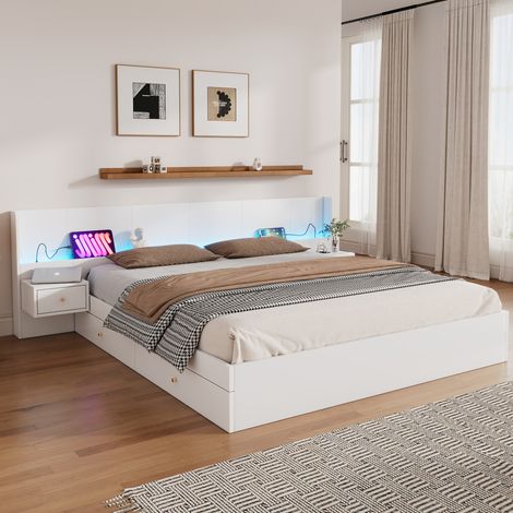 Bett 180x200 cm modern aus MDF Weiß mit Lattenrost, USB, Steckdosen, LED per App, 2 Nachttischen und 2 Schubladen (1/5)