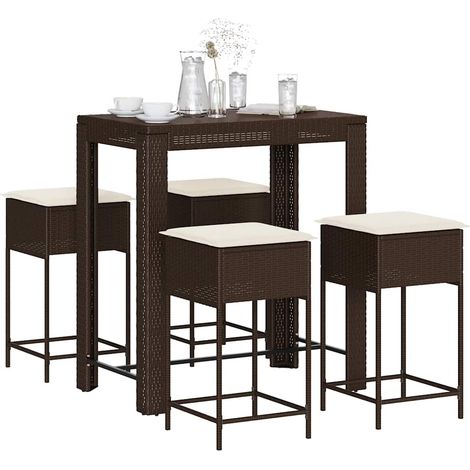 5-tlg. Gartenbar-Set mit Kissen Braun Poly Rattan