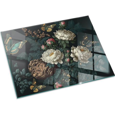 Vetro Decorativo Per Camino E Soggiorno Piastra In ESG Vetro Moderno Per Stufa A Legna Per Camino Motivo floreale con farfalle 80x60 cm (1/5)