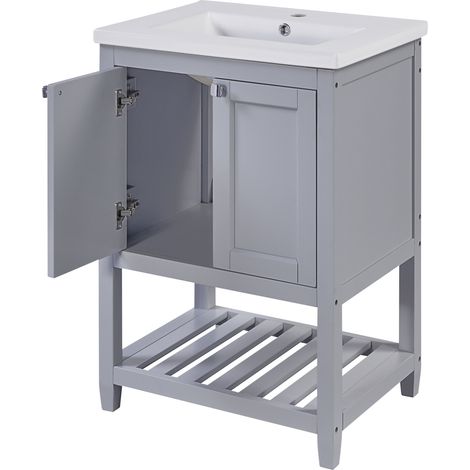 Meuble de salle de bain avec vasque en céramique 60 cm, gris clair (1/5)