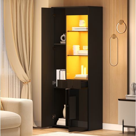 Vetrina 70 x 35 x 180 cm con LED, 1 cassetto, ante e ripiani, nera DESVIAE (1/5)