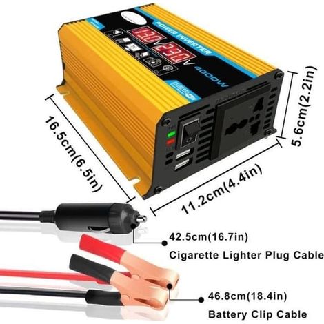 SABIR-Convertisseur de puissance pour voiture 4000 W, 12 V à 220 V - 110 V, double port USB, LED, onde sinusoïdale modifiée, noir, 12 V à 220 V (1/4)