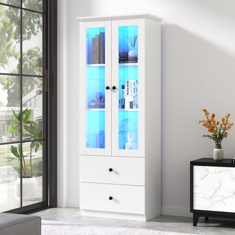 Vetrina LED bianca opaca con porta USB, illuminazione LED a 16 colori, 2 cassetti, ripiani regolabili e doppie ante, 60x36x165 cm (1/5)
