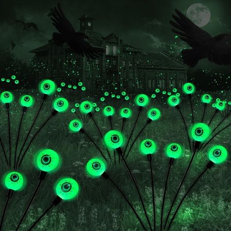 Décorations d'extérieur pour Halloween, lampes solaires en forme de globe oculaire d'horreur, lot de 4 lampes LED vertes en forme de lucioles, lampes solaires étanches pour chemin d'Halloween, pour pa (1/4)