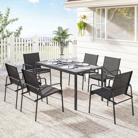 Set Tavolo e Sedie da Giardino 7pz con 6 Sedie Traspiranti in Texteline e Tavolino da Caffè Effetto Legno, Nero