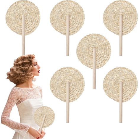 Éventail en Paille,6 Pièces Éventail en Palmier Tissé à la Main - Portable Accessoires de Rafraîchissement Bohémiens Cadeaux de Mariage Bohémiens Décoration d'Intérieur pour Mur Salon (1/5)