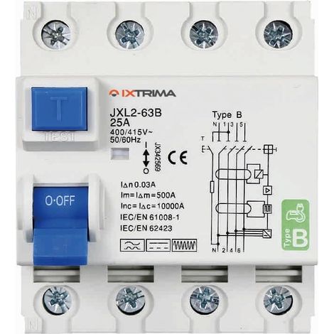 Interrupteur différentiel pur magnétothermique 4P 25A 30mA courbe B 6KA AC/DC 380 V 30 mA courbe B pour rail DIN - 4 modules DIN - Protection circuit et sécurité installations (1/4)