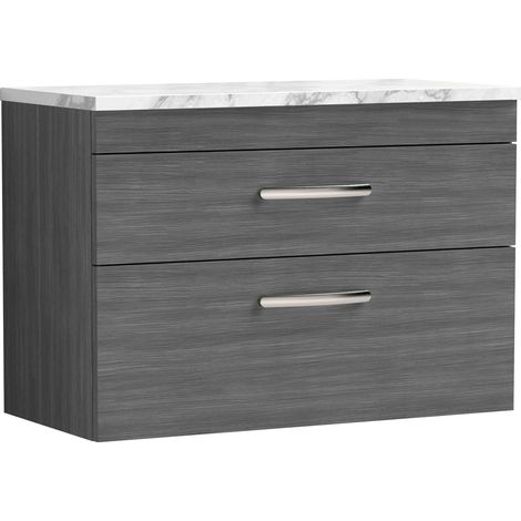 Nuie Athena Wall Hung 2-Drawer Vanity Unit with Carrera Marble Worktop 800mm Wide - Anthracite Woodgrain (1/5)