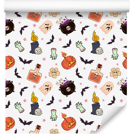 Papier peint Halloween blanc, gris clair et pêche 50x1000 cm (1/5)