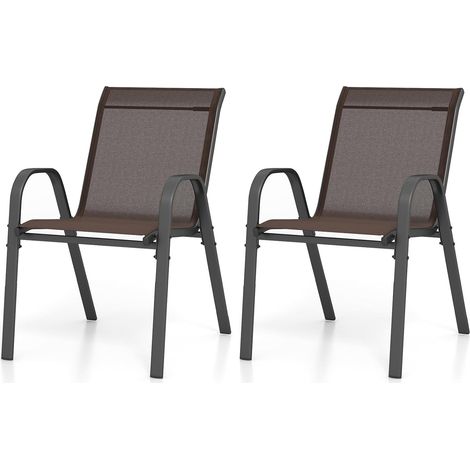 GOPLUS Lot de 2 Chaises de Jardin Empilables, Fauteuil de Terrasse Confortable avec Accoudoirs Dossier, en Métal et Textilène, Chaise Salon de Jardin Extérieur et Intérieur (56x70x84cm,Brun,2)