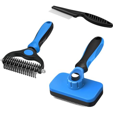Brosse de toilettage professionnelle 3pcs Self - clean et peigne pour animaux de compagnie et peigne à puces pour chiens et chats outils de toilette double face (bleu) (1/5)