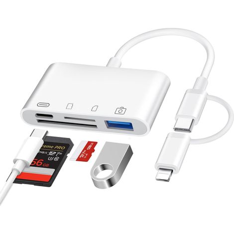 4 en 1 Lecteur Carte SD pour 16 15, USB C Lightning Adaptateur Carte SD avec SD/TF/USB OTG/Chargement Slot, Lecteurs de Carte Mémoire Externes pour 16 15/Mac/Android/Caméra (1/5)