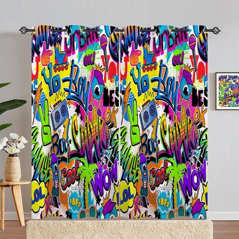 Rideau Occultant Graffiti Monstre Musique Comics Tenture Opaque à Oeillets Draperies Intérieurs Rideau Thermique Isolant pour Maison Chambre Salon Fenetre 2 Pièces L 140 x H 280 cm - 140L X 280H cm (2 (1/5)